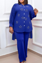 Blue Casual Solid Split Joint Buckle Hot Drill Turndown Collar Plus Size Two Pieces