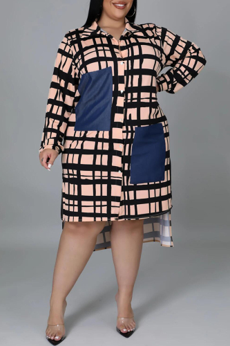Khaki Fashion Casual Plus Size Plaid Print Patchwork Turndown Collar Shirt Dress