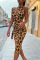 Yellow Sexy Print Leopard Patchwork Backless O Neck One Step Skirt Dresses