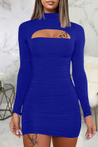 Blue Sexy Solid Hollowed Out Split Joint Fold Half A Turtleneck One Step Skirt Dresses