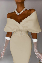 Apricot Elegant Solid Split Joint With Belt V Neck One Step Skirt Dresses