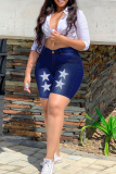 Deep Blue Fashion Casual The stars Patchwork Skinny High Waist Conventional Patchwork Plus Size Denim Shorts