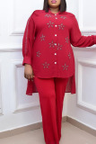 Purplish Red Casual Solid Split Joint Buckle Hot Drill Turndown Collar Plus Size Two Pieces