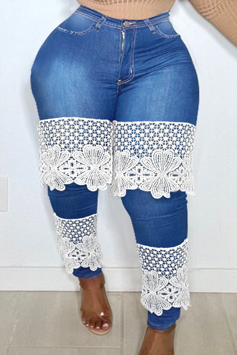 

Medium Blue Fashion Casual Patchwork Lace Plus Size Jeans