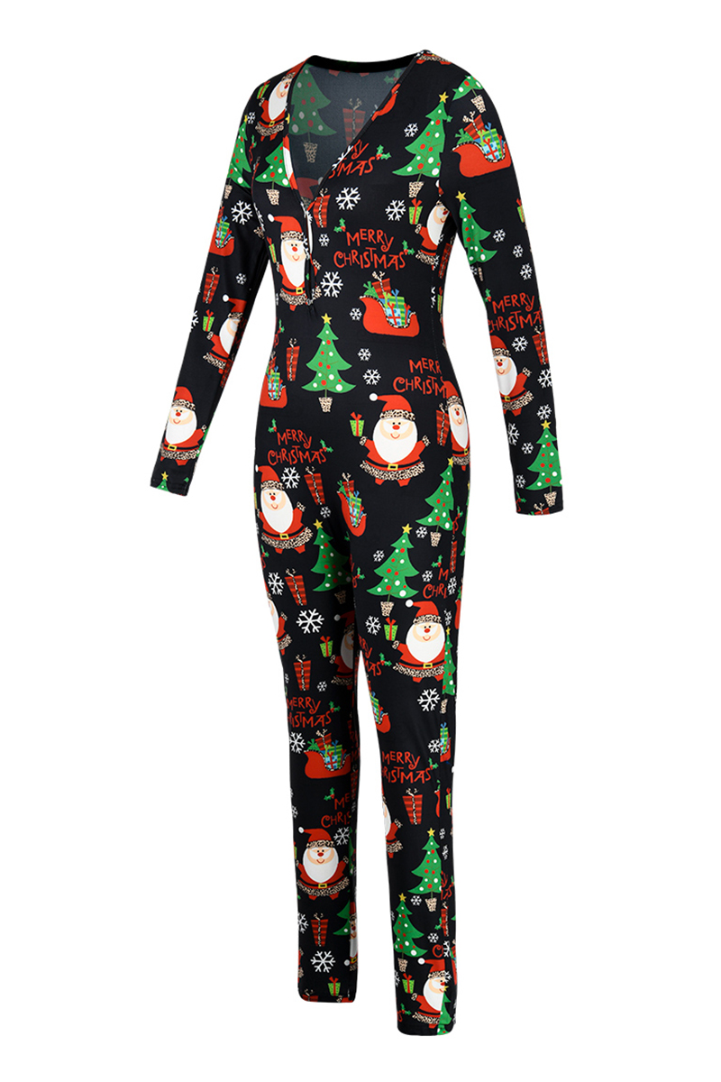 Black Sexy Party Patchwork Print Santa Claus V Neck Skinny Jumpsuits ...