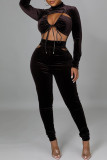 Army Green Fashion Sexy Solid Hollowed Out Frenulum Turtleneck Skinny Jumpsuits