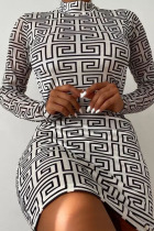 White Sexy Print Split Joint Backless Half A Turtleneck Pencil Skirt Dresses