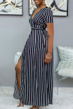 Black Fashion Casual Striped Slit V Neck Short Sleeve Dress Dresses