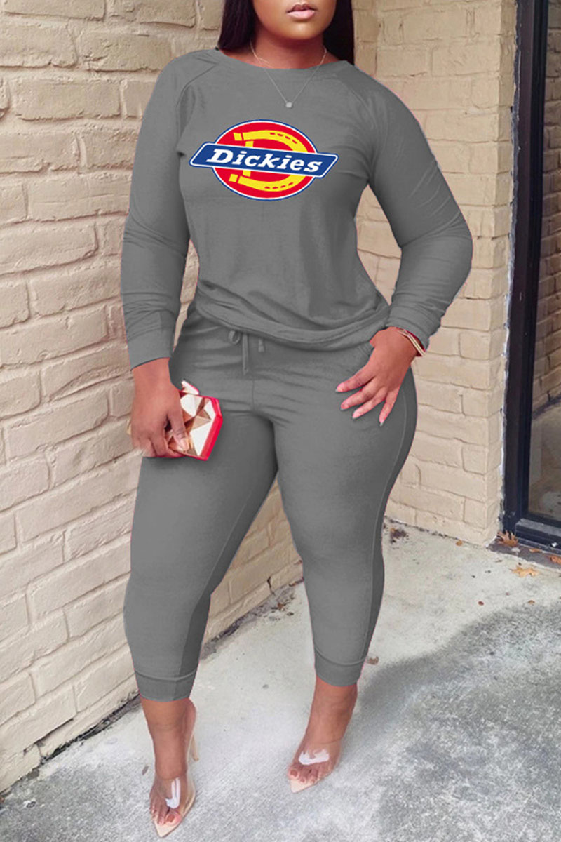 

Grey Plus Size Casual Print Split Joint O Neck Plus Size Two Pieces