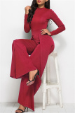 Red Fashion Casual Solid Basic Regular Jumpsuits
