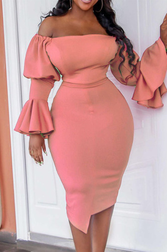 Orange Pink Casual Solid Patchwork Off the Shoulder Irregular Dress Dresses