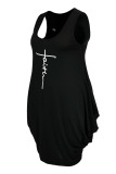 Black Casual Print Patchwork V Neck Vest Dress Plus Size Dresses