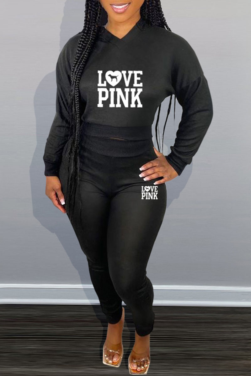 

Black Fashion Sportswear Letter Split Joint V Neck Long Sleeve Two Pieces