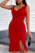Red Sexy Solid Patchwork Flounce Fold Asymmetrical V Neck Irregular Dress Dresses
