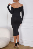 Black Fashion Sexy Solid Hollowed Out Off the Shoulder Long Sleeve Dresses