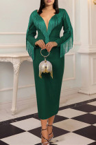 Green Fashion Solid Tassel Split Joint V Neck Long Sleeve Evening Dress