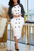 White Casual Print Split Joint Buttons Asymmetrical O Neck Irregular Dress Dresses