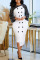 White Casual Print Patchwork Buttons Asymmetrical O Neck Irregular Dress Dresses