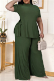 Green Fashion Casual Solid Bandage Slit Turtleneck Plus Size Two Pieces