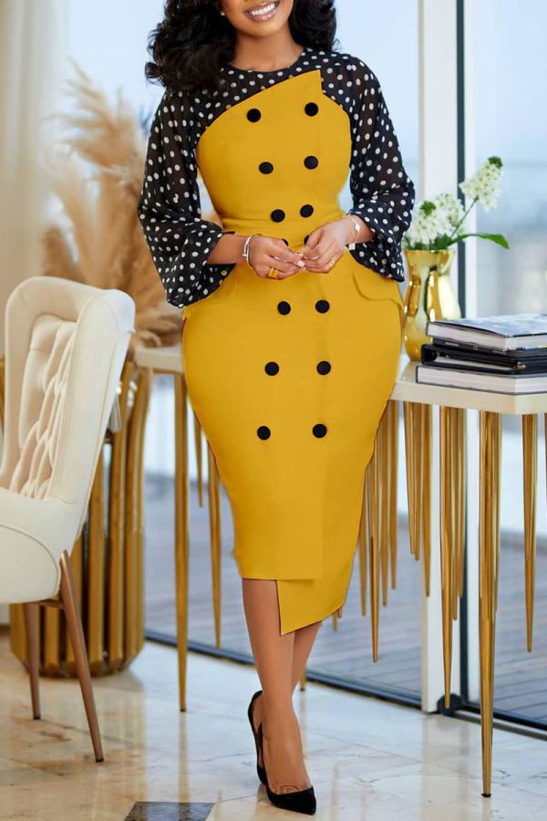 Yellow Casual Print Patchwork Buttons Asymmetrical O Neck Irregular Dress Dresses