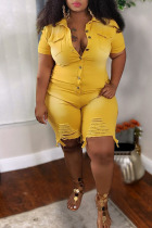 Yellow Casual Solid Ripped Split Joint Buckle Turndown Collar Regular Jumpsuits