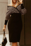 Black Fashion Casual Print Patchwork V Neck Long Sleeve Dresses