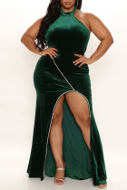 Green Sexy Solid Split Joint Backless Slit Hot Drill Halter Straight Plus Size Dresses