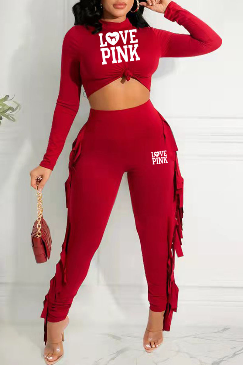 

Red Fashion Street Letter Tassel O Neck Long Sleeve Two Pieces