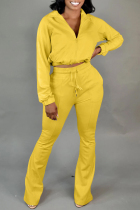 Yellow Fashion Casual Solid Basic Zipper Collar Long Sleeve Two Pieces