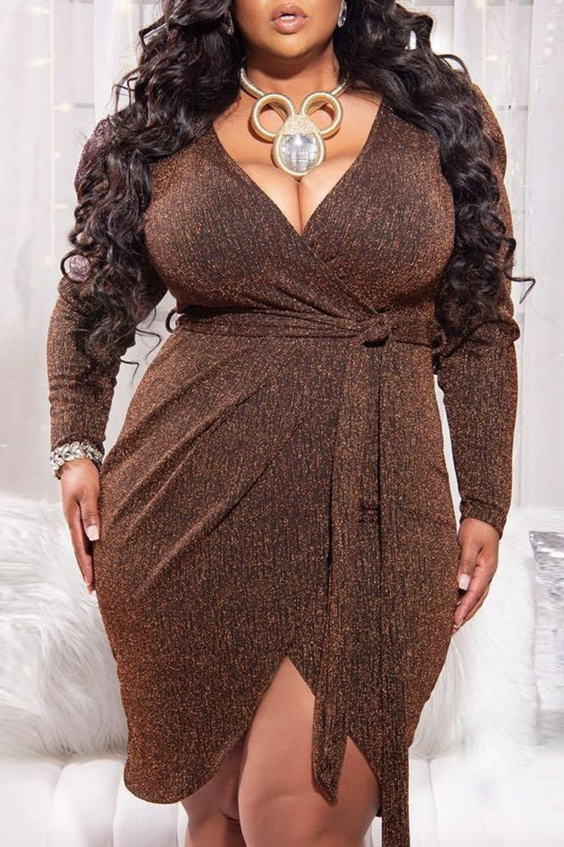 

Brown Fashion Sexy Solid Frenulum Bright Silk V Neck Long Sleeve Plus Size Dresses