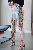 Pink Fashion Casual Print Frenulum Skinny High Waist Pencil Trousers