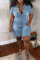 Blue Casual Solid Ripped Patchwork Buckle Turndown Collar Regular Jumpsuits