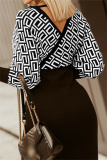 Black khaki Fashion Casual Print Patchwork V Neck Long Sleeve Dresses