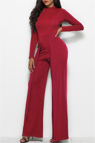 Red Fashion Casual Solid Basic Regular Jumpsuits