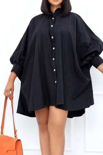 Black Casual Solid Patchwork Buckle Turndown Collar Shirt Dress Dresses