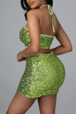 Green Sexy Solid Sequins Patchwork Halter Sleeveless Two Pieces