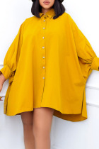 Yellow Casual Solid Split Joint Buckle Turndown Collar Shirt Dress Dresses
