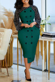 Green Casual Print Patchwork Buttons Asymmetrical O Neck Irregular Dress Dresses