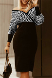 Black khaki Fashion Casual Print Patchwork V Neck Long Sleeve Dresses