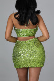 Green Sexy Solid Sequins Patchwork Halter Sleeveless Two Pieces