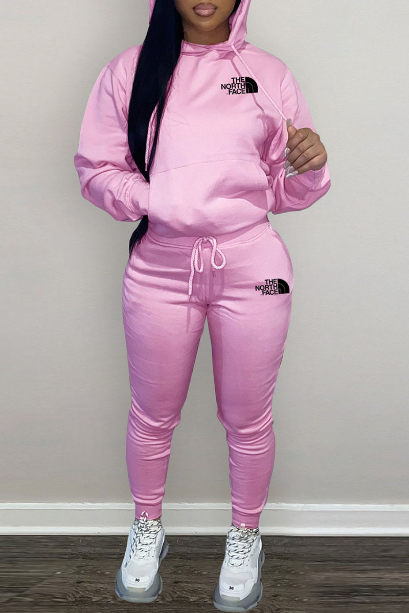 

Pink Fashion Casual Letter Split Joint Hooded Collar Long Sleeve Two Pieces
