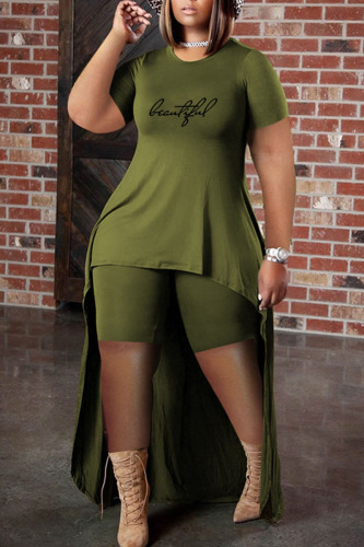 Green Casual Print Patchwork O Neck Plus Size Two Pieces