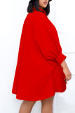 Red Casual Solid Patchwork Buckle Turndown Collar Shirt Dress Dresses