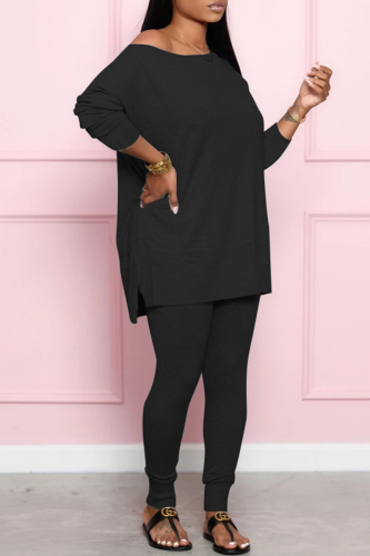 Black Fashion Casual Solid Basic O Neck Long Sleeve Two Pieces
