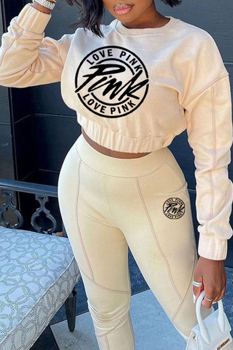 

Apricot Fashion Casual Letter Split Joint O Neck Long Sleeve Two Pieces