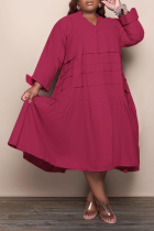 Burgundy Casual Solid Flounce V Neck Cake Skirt Plus Size Dresses