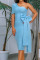 Light Blue Casual Elegant Solid Patchwork With Bow Oblique Collar Dresses