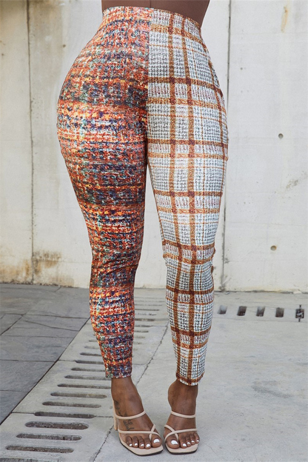 Brown Fashion Casual Print Patchwork Skinny Mid Waist Pencil Trousers