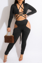Black Fashion Sexy Solid Hollowed Out Strap Design Turndown Collar Long Sleeve Two Pieces