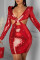 Red Fashion Sexy Patchwork Hollowed Out Sequins V Neck Long Sleeve Dresses